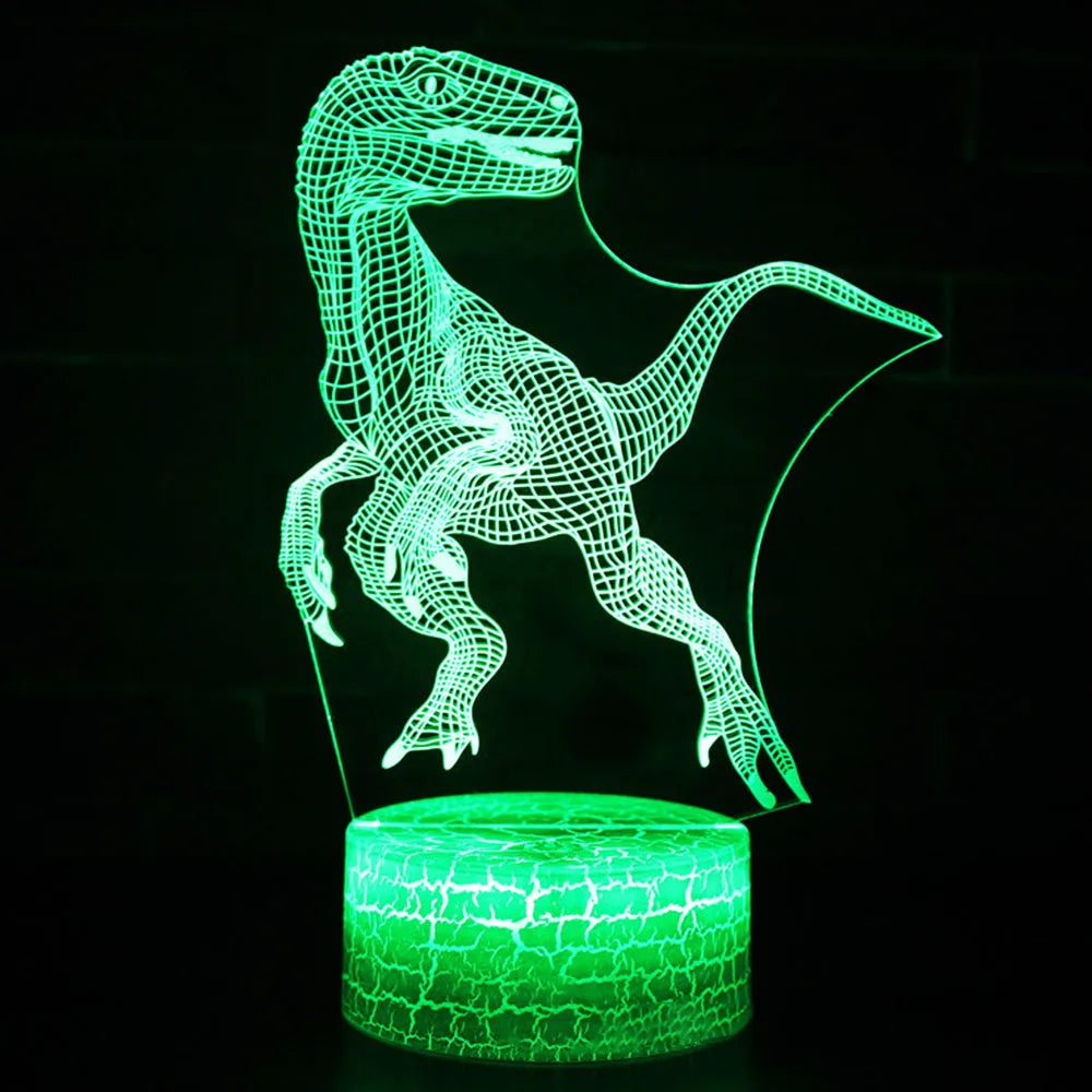 Colourful dinosaur-shaped 3D night light with touch controls on a black ABS base.