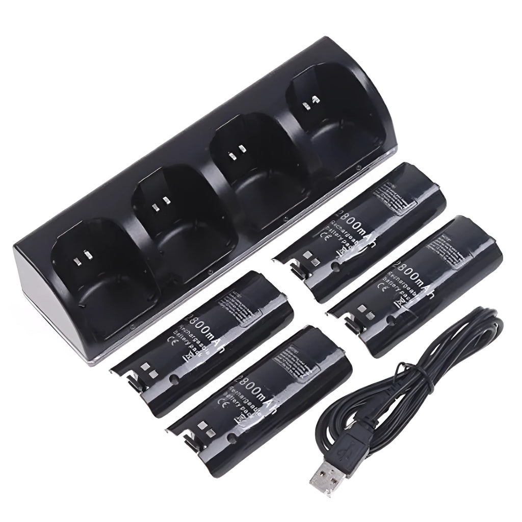 WII four-bay charger set with four rechargeable batteries and USB-DC cable in black colour