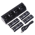 WII four-bay charger set with four rechargeable batteries and USB-DC cable in black colour