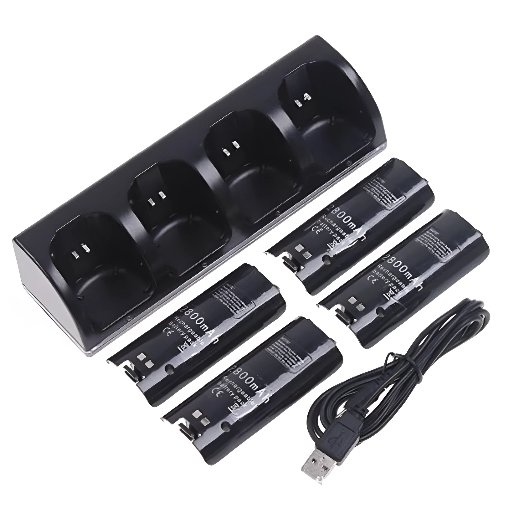 WII four-bay charger set with four rechargeable batteries and USB-DC cable in black colour