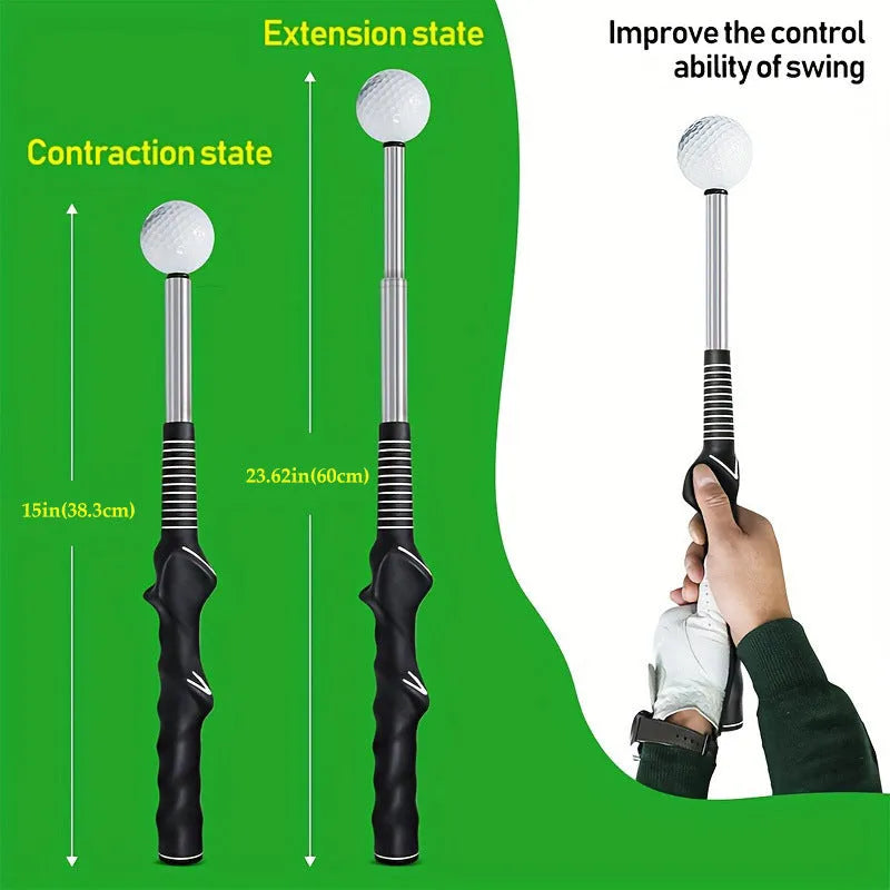 A telescopic golf swing trainer in stainless steel, shown extended for use.