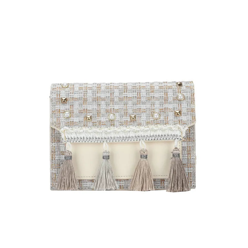 Ethnic-style PU shoulder bag with horizontal square shape, polyester lining, shown in blue, black or beige