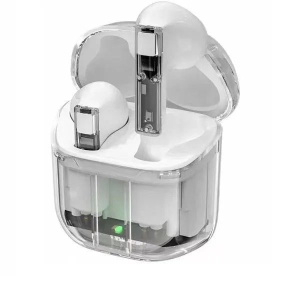 Transparent space capsule case containing true wireless Bluetooth earphones in various colour options