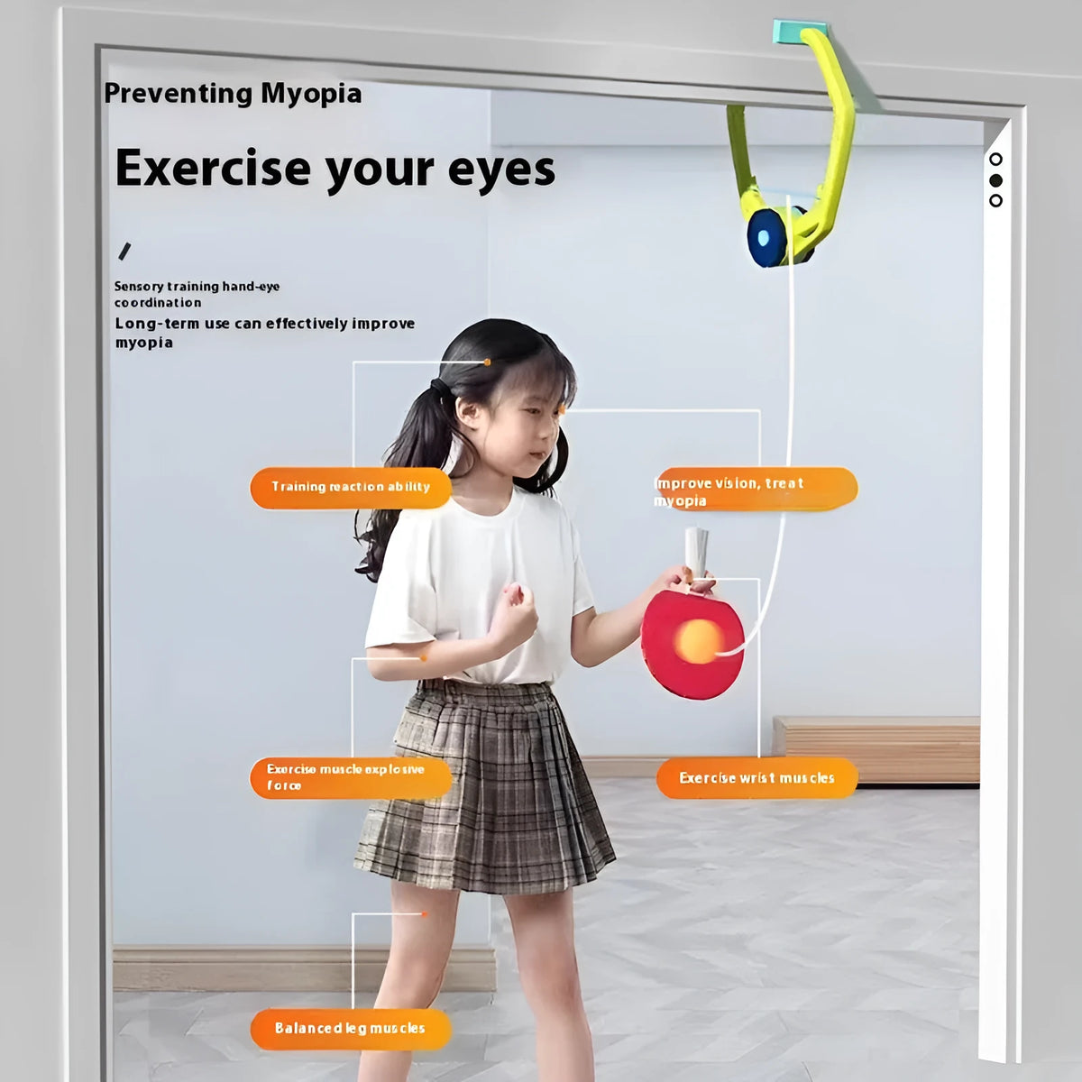 Children's indoor table tennis ball trainer hanging on a door frame with ABS body, PP rack, and tennis ball set