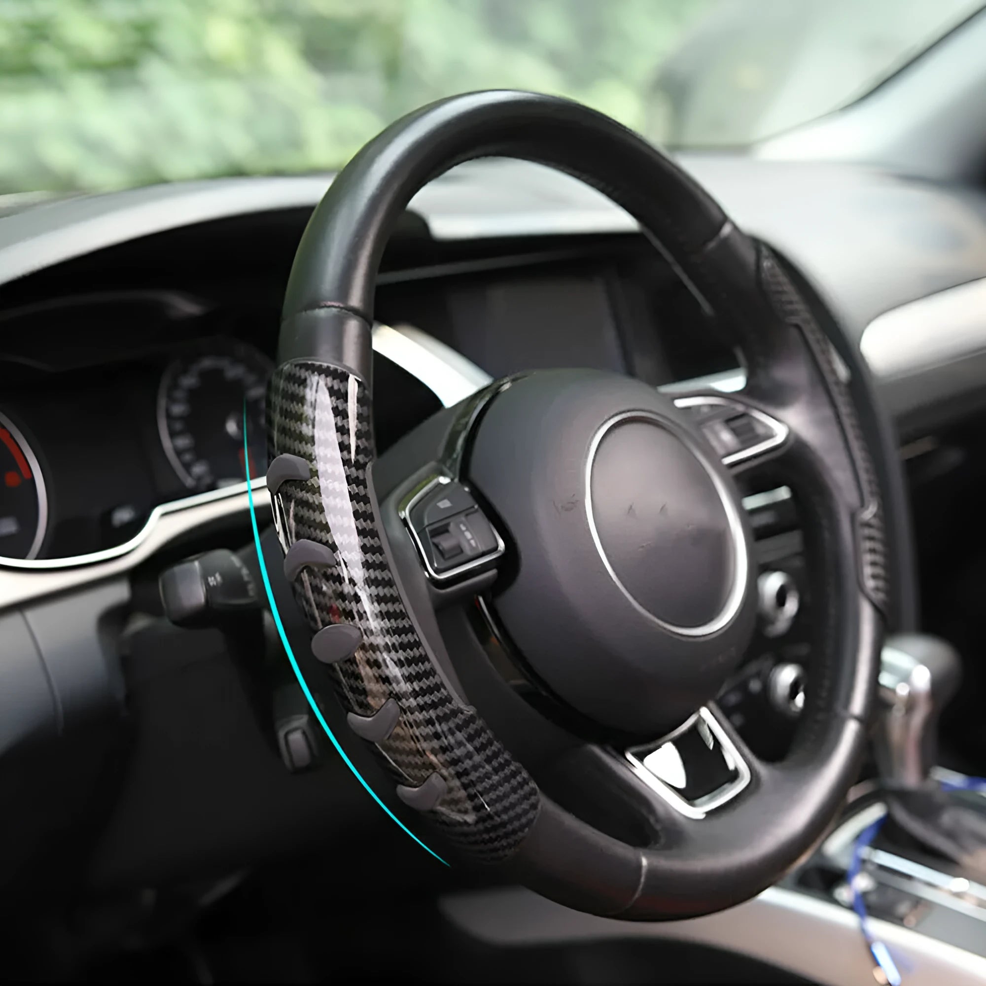 Carbon fibre black steering wheel anti-slip sleeve pair for cars, 38cm diameter.