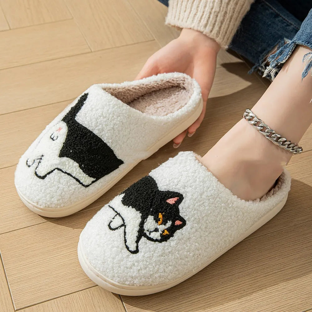 White cotton slippers with cartoon pattern, suede upper, artificial wool lining and non-slip TPR sole, sizes 36-45