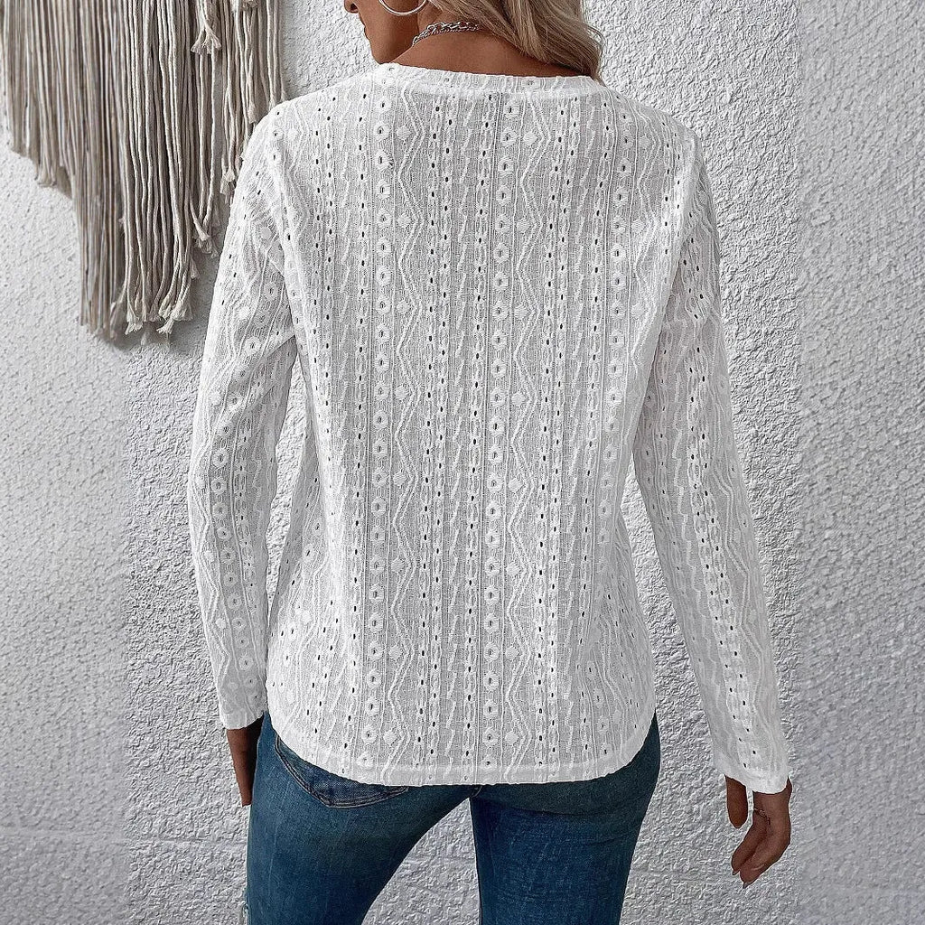 White loose fit polyester t-shirt with round neck and long sleeves shown in Asian sizes