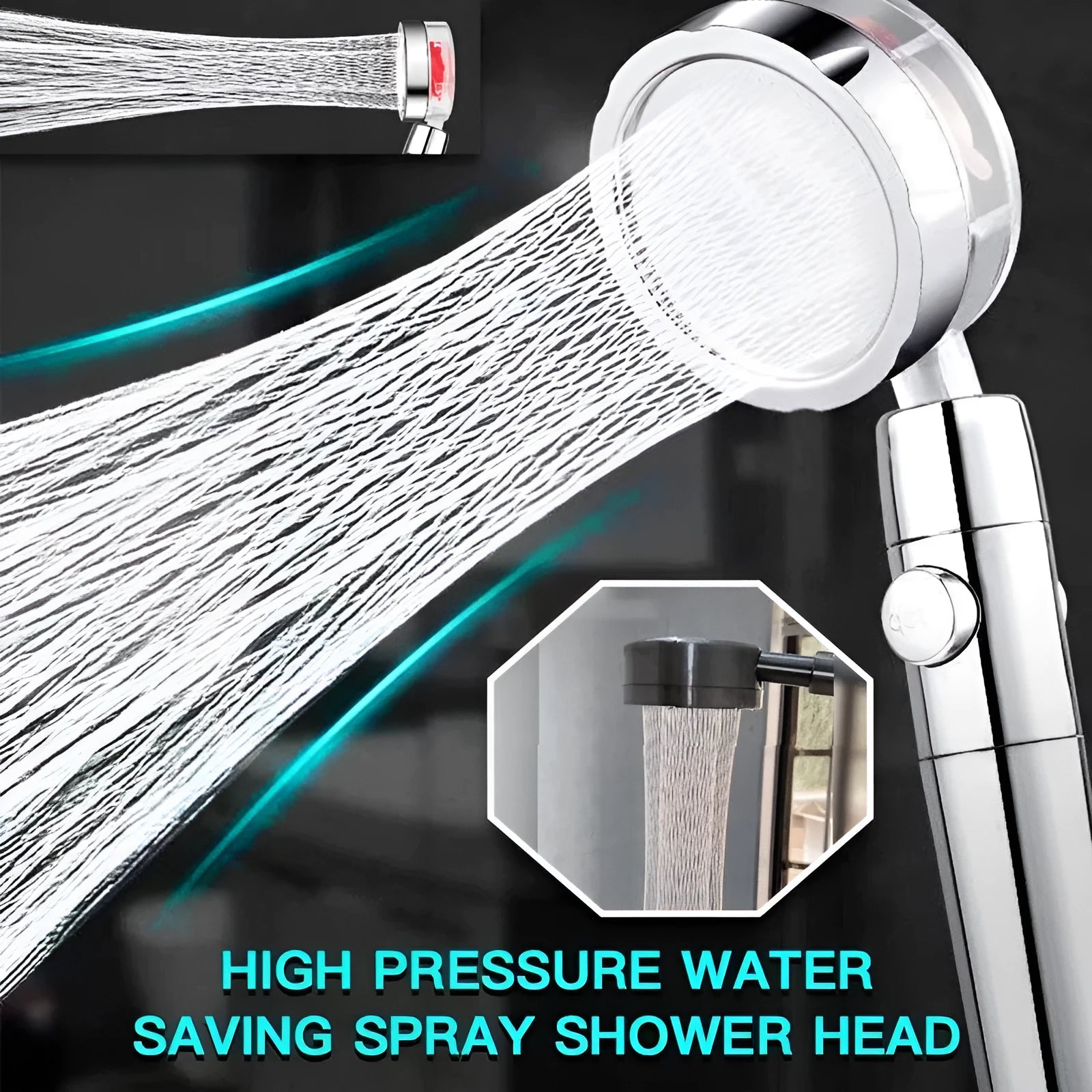 Chrome alloy turbocharged handheld shower head with stop button, five nozzles, and PP cotton filters