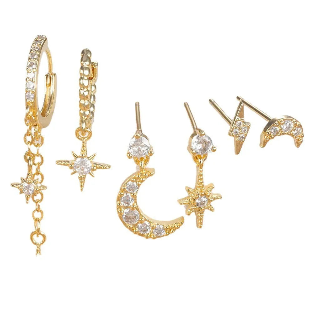 XINGX gold chain tassel earrings set of six with zircon stud accents on copper material