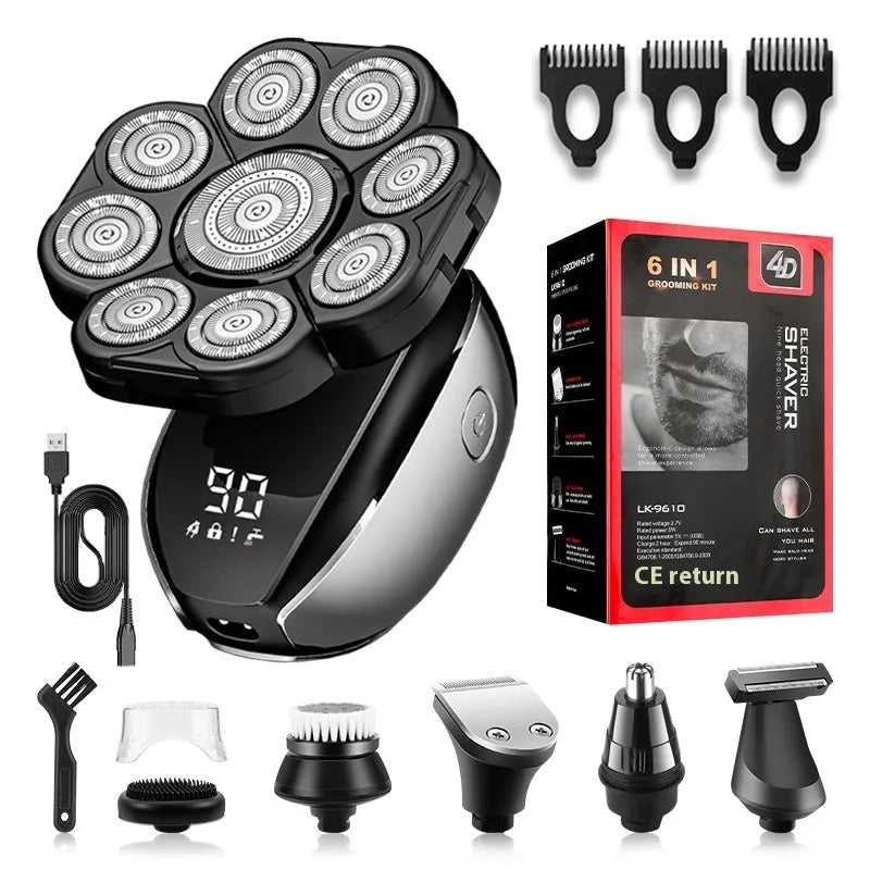 Black rechargeable 6-in-1 multifunctional hair clipper kit with attachments on a white background.