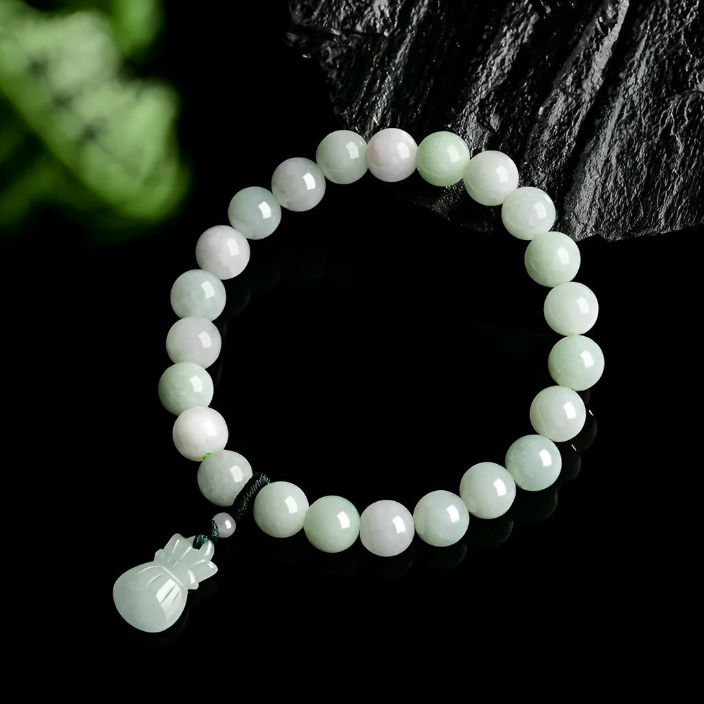 Unisex jade flower purse bracelet with 8mm beads in a national style.