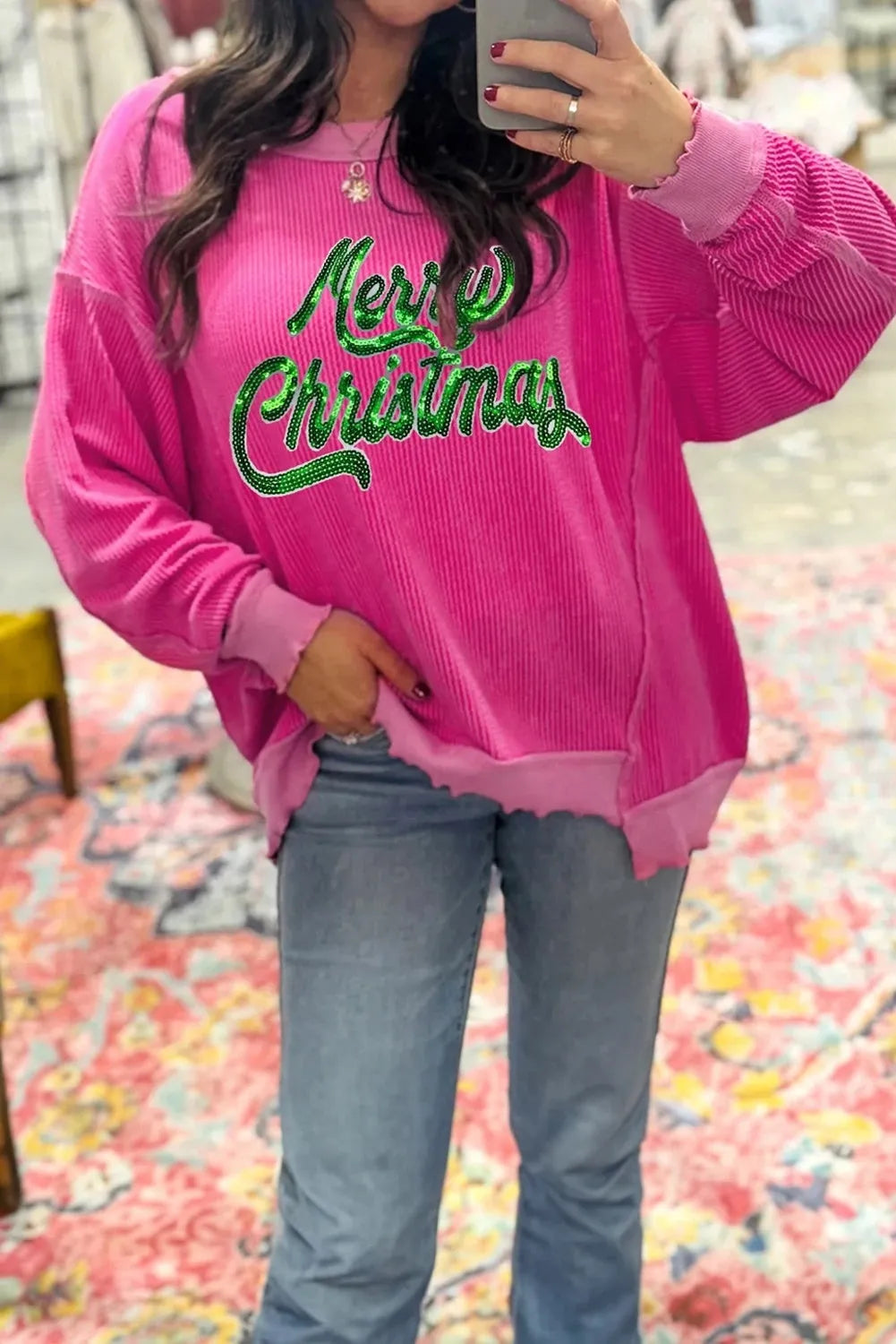 Women's fashion alphabet sequins long sleeve pullover top in strawberry pink, loose fit