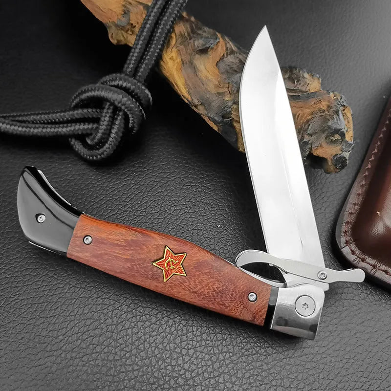 Multi-function folding camping knife with 440C blade, sandal wood handle, and cowhide sheath, 25.2cm total length