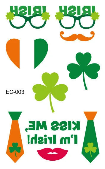 Sheet of St. Patrick's Day clover temporary tattoo stickers showing green design, measuring 120 by 75 millimetres.