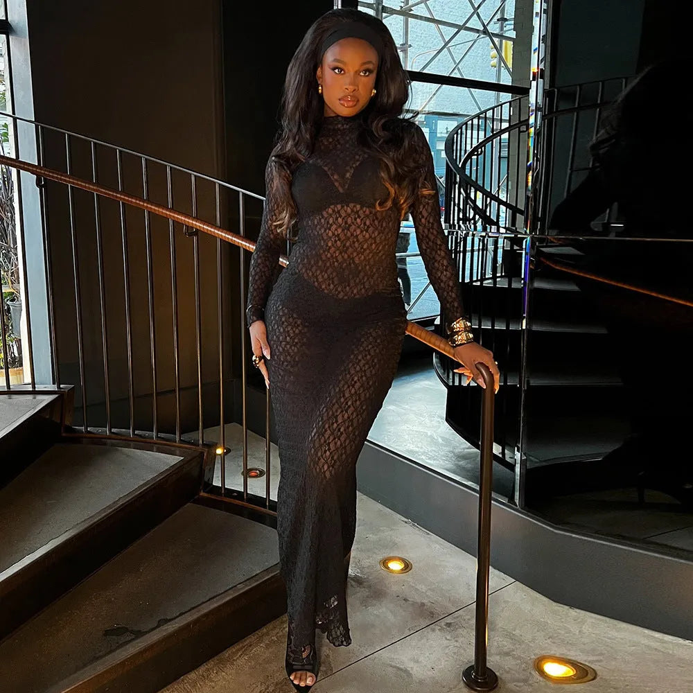 Sexy black long-sleeved lace mesh see-through dress with pencil skirt and elastic waist