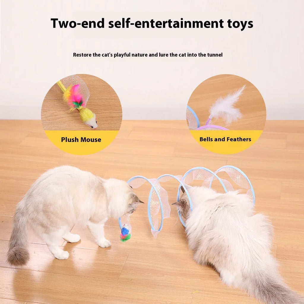 S-type steel wire frame cat tunnel with elastic net fabric and a feather teaser attached.