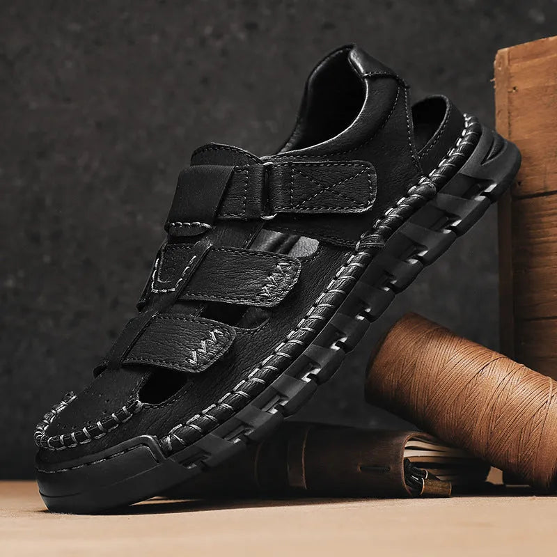 Men's brown PU leather non-slip sandals with round toe and EVA sole on a neutral background