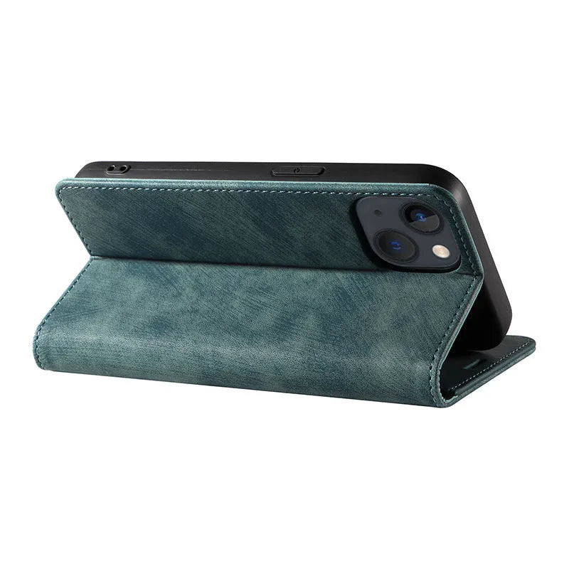 Magnetic flip phone case for iPhone in grey colour, showing front cover closed with magnetic seal.
