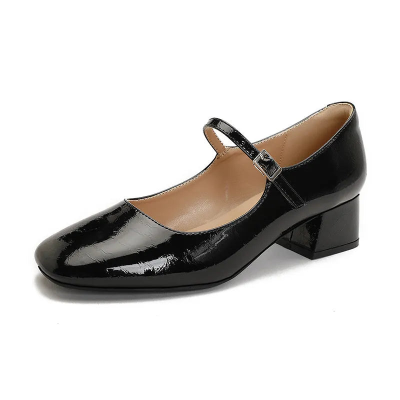 Square toe patent leather Mary Jane shoes with pearl buckle, mid heel, Black colour