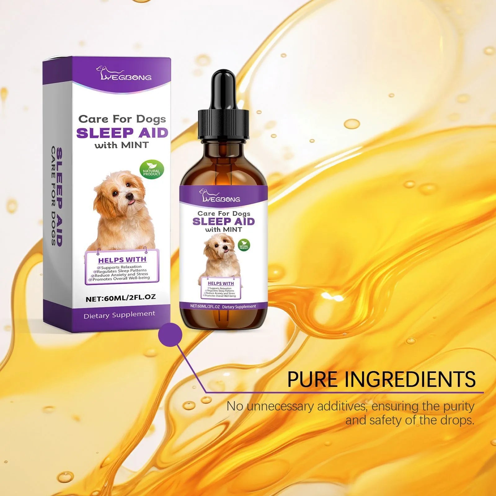 60ml bottle of Dog Sleep Drops for canine night sleep care, showing 3.3cm diameter.