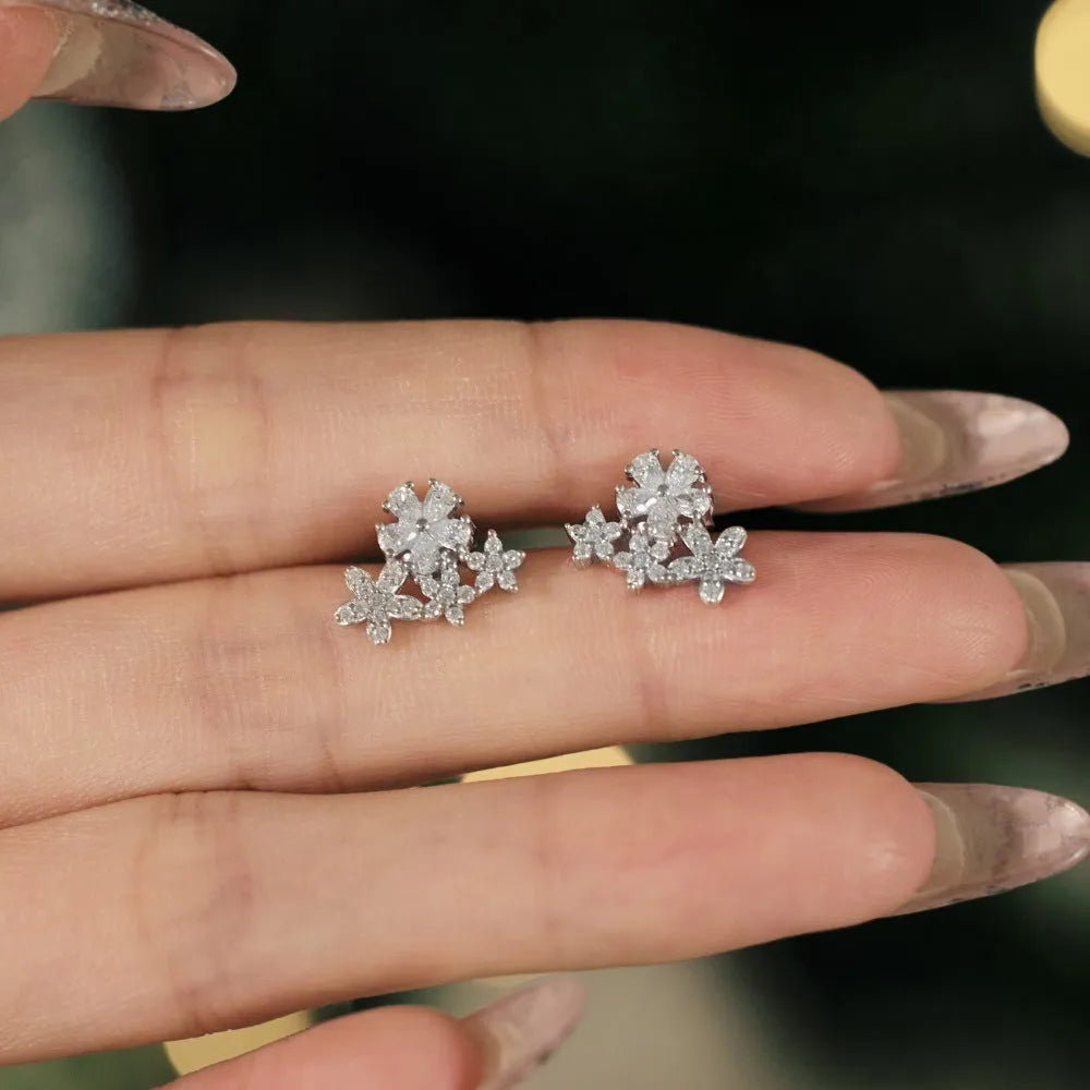 S925 sterling silver flower stud earrings with petal design in platinum and gold colour