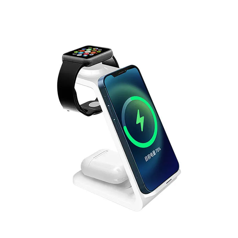 White 3-in-1 upright wireless charging stand holding a mobile phone in landscape orientation on a desk.