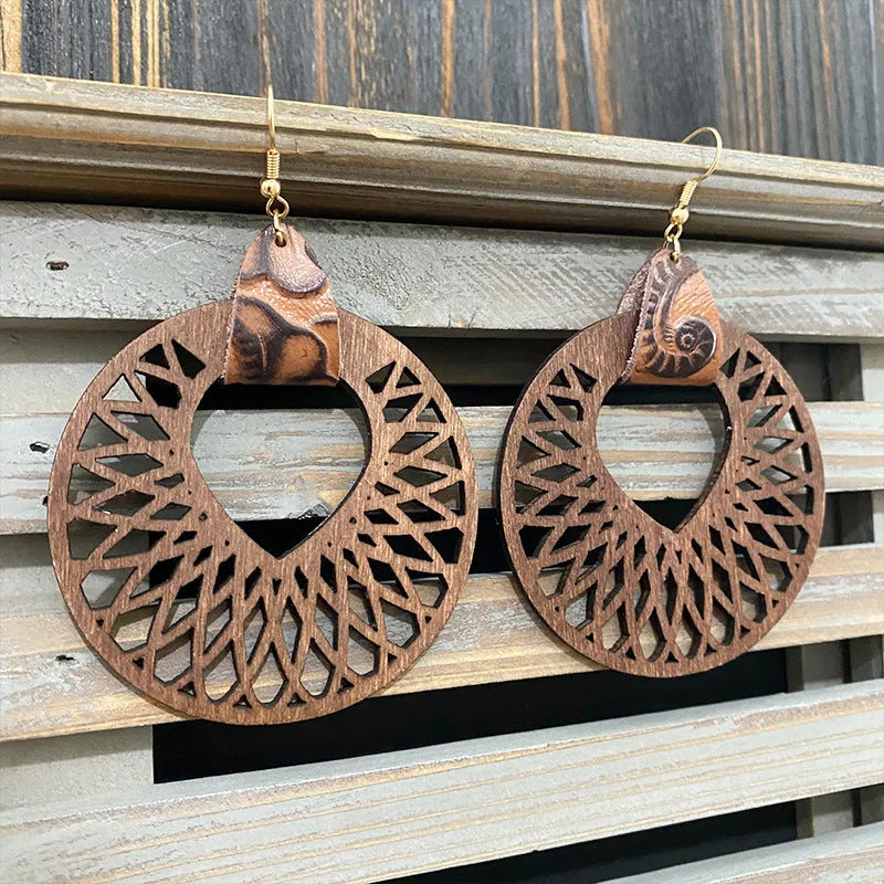 Set of six retro wooden hollow mandala exaggerated earrings with drop shape in geometry and round style