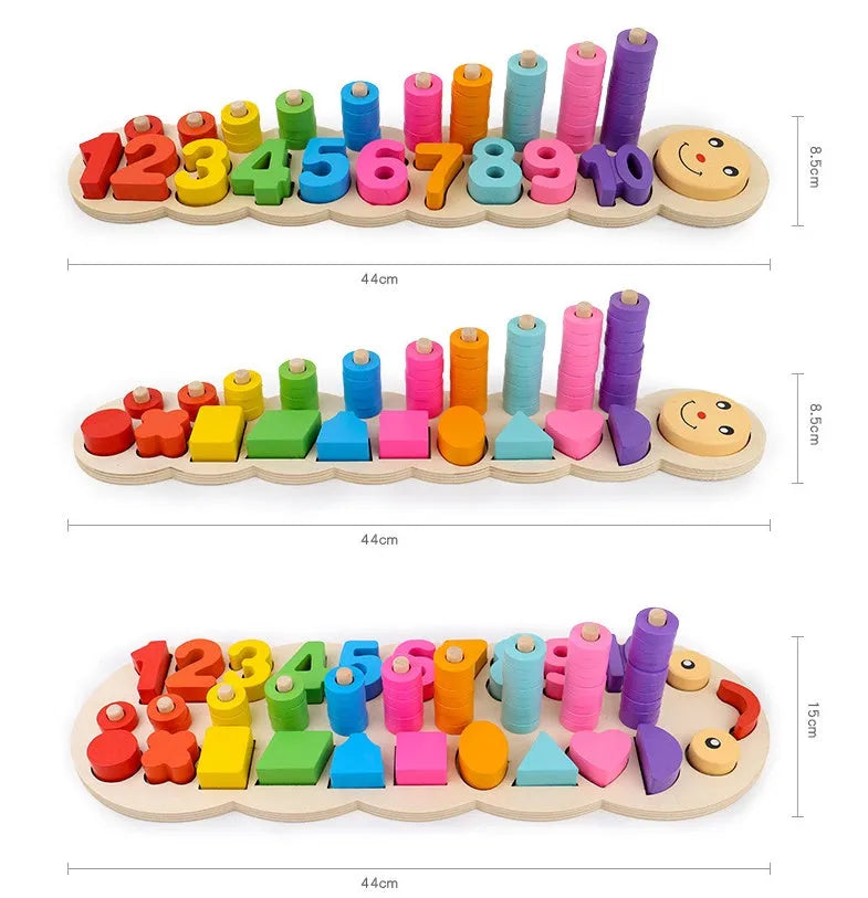 Wooden logarithmic board with colourful numbers, geometric shapes and counting beads for toddlers
