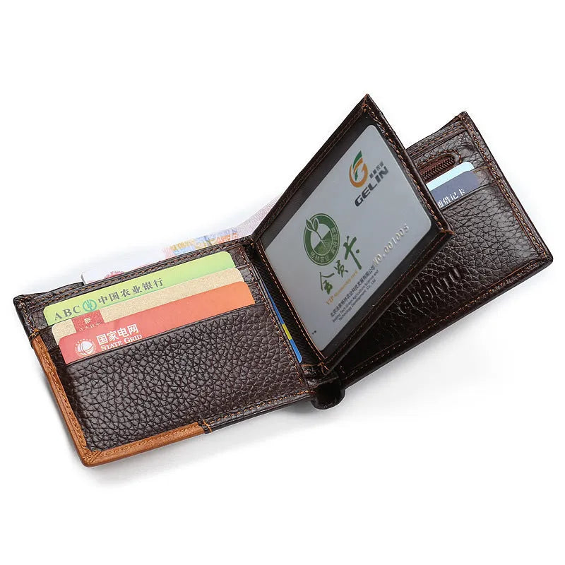 Horizontal soft cowhide men's wallet open to show bill holder, card slots, and zippered coin compartment with contrast stitching.