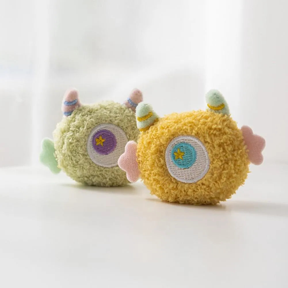 Cartoon plush squeaky dog chew toy with big eyes in grey, green, pink, white or yellow colours