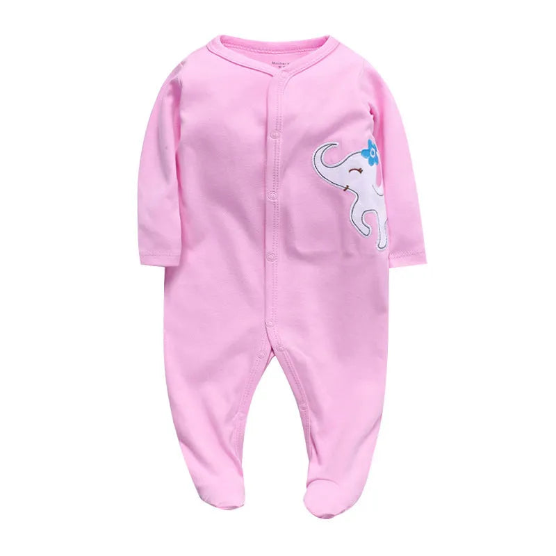 Cotton one-piece baby clothes showing dinosaur print and size options