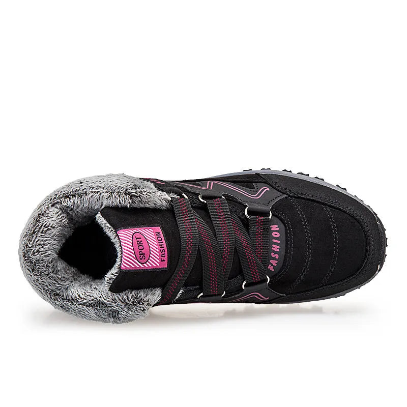 Women's warm cotton snow boots with suede upper, rubber sole, and front tie lacing, multiple colours available