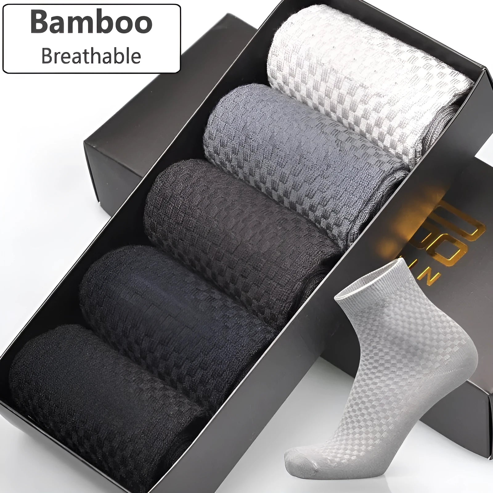 Pack of five men's bamboo fibre ankle socks in different colours, showing small square pattern.