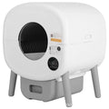 Large grey automatic self-cleaning cat litter box with digital display, showing dimensions of 55cm wide by 64.5cm high.