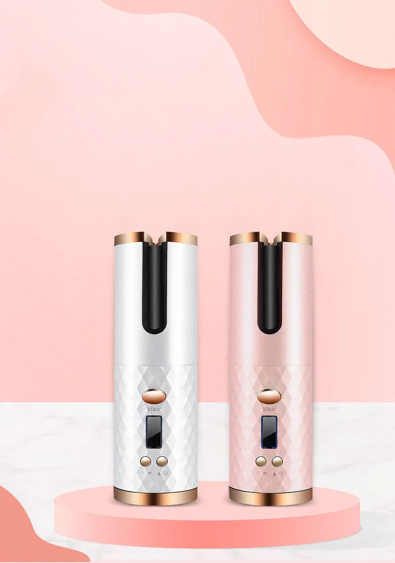 Rechargeable automatic hair curler with LCD display in black, pink, pink-grey, or white.