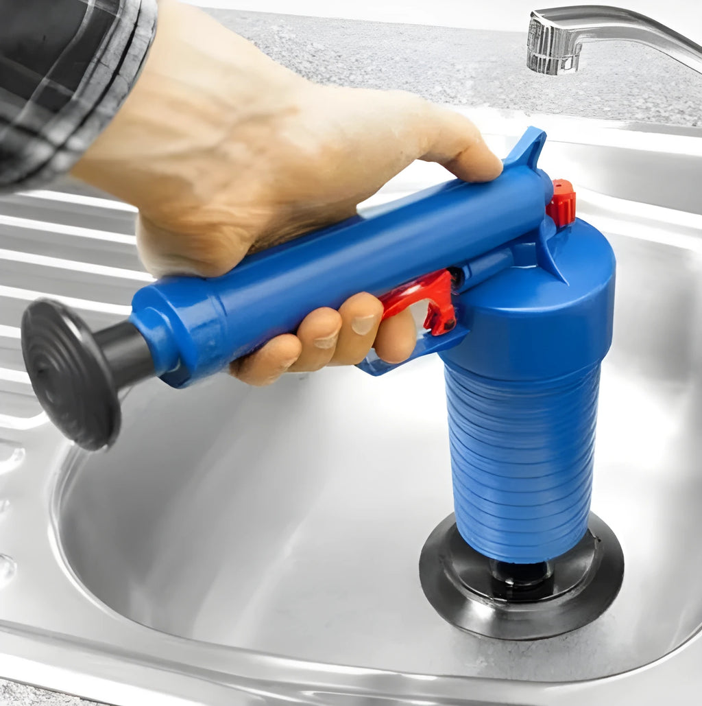 Plastic high-pressure drain blaster gun with handle and four different sized adaptor suckers for sink and toilet unblocking