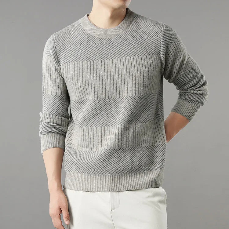 Men's thick long sleeve round neck chenille sweater in beige, shown on a model for autumn casual wear.