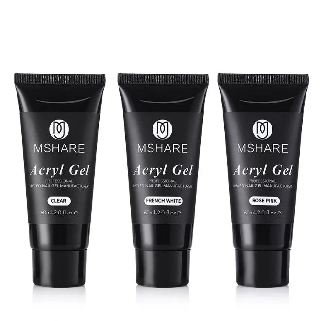 MSHARE acrylic poly gel in a tube with slip solution, available in pink, rose pink, transparent, and white for UV nail extensions