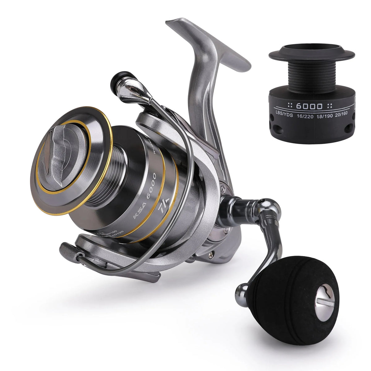 Silver sub fishing line wheel with metal body, folding rocker arm and copper gear bar, sizes KSA1000 to KSA5000.