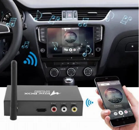 Black car mirror link box Wi-Fi converter with AV cable, power cable, and antenna for smartphone screen mirroring.
