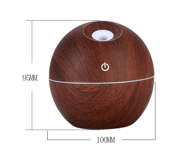 USB ultrasonic essential oil diffuser humidifier with 7 colour LED night light, light wood finish, 95x100mm