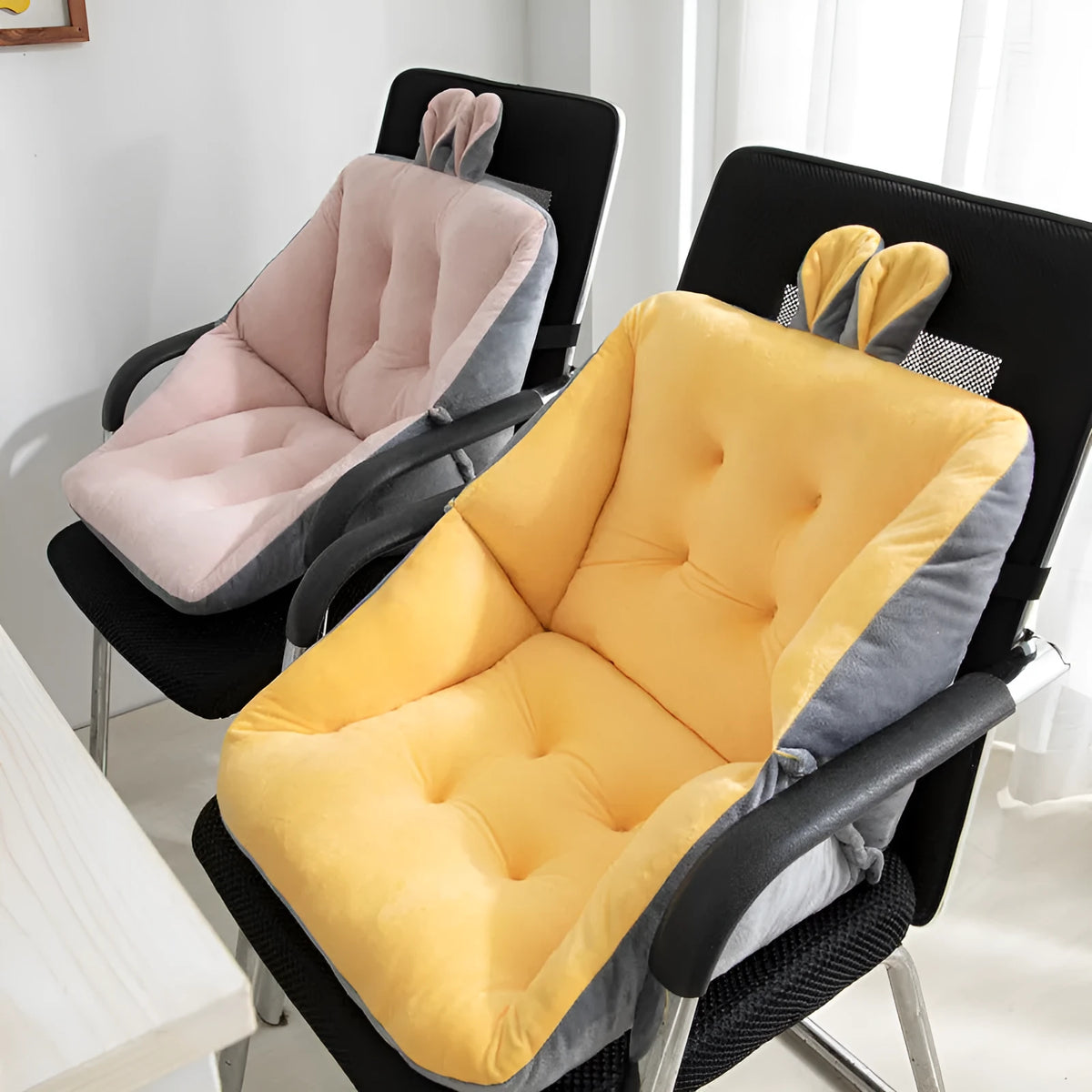 Plush office chair seat cushion with four holes, available in 40x40cm, 45x45cm and 50x50cm and seven solid colours