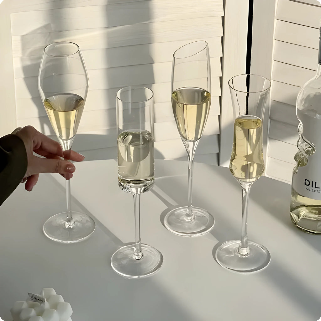 Clear glass champagne goblet in one of seven design styles including flute and tulip.