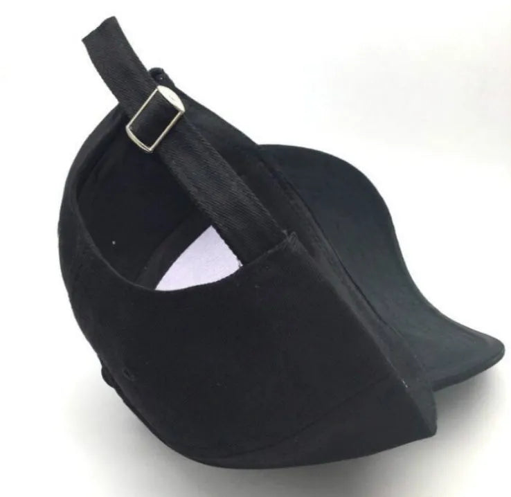 Black cotton baseball cap with white letter embroidery, curved brim, adult size