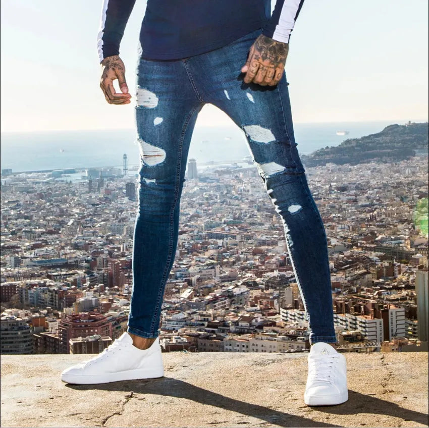 Men's high waist washed cotton denim pencil pants in black, skinny fit with zipper fly