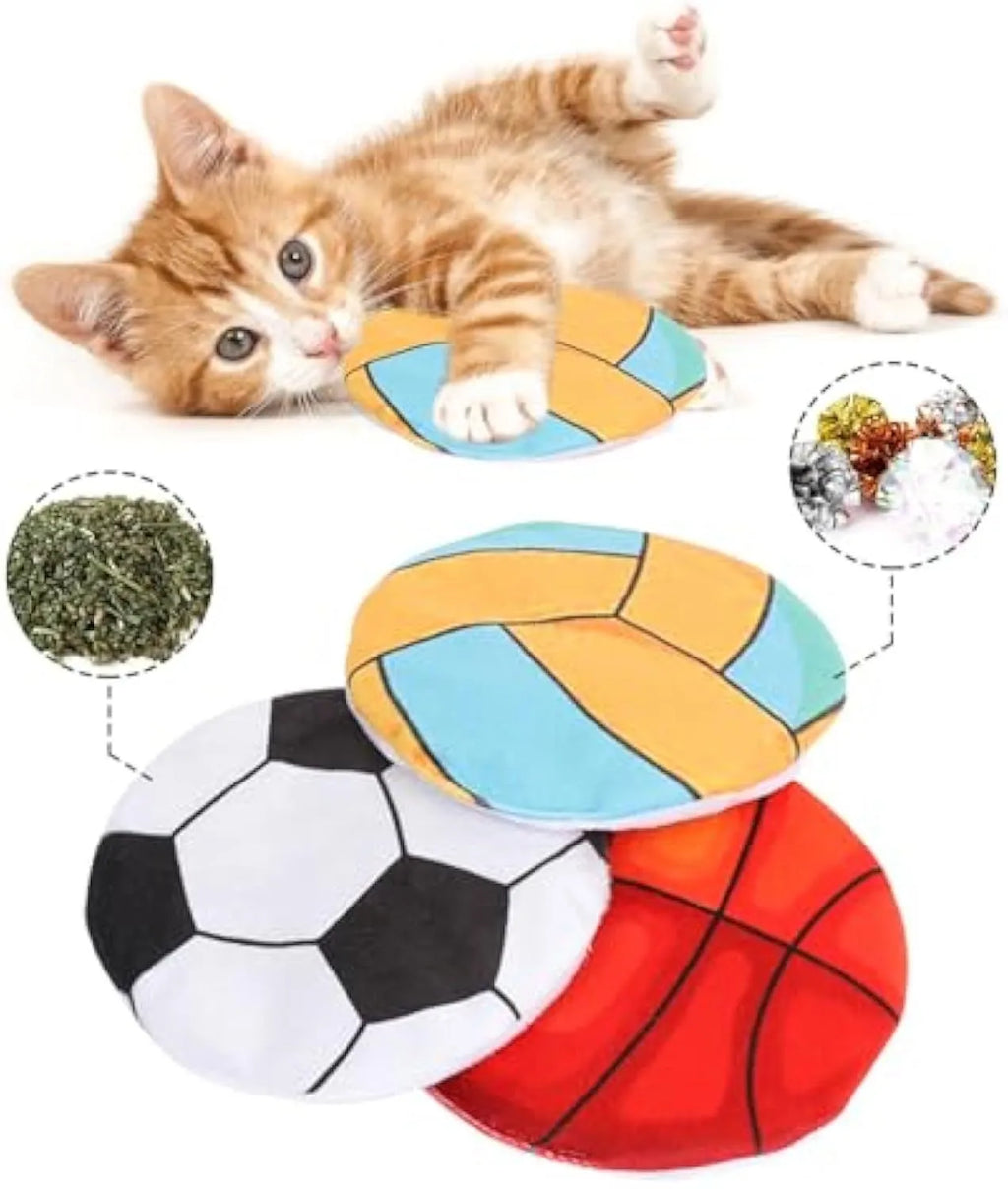 Plush catnip flying disc toy with basketball pattern featuring crinkle sound interior