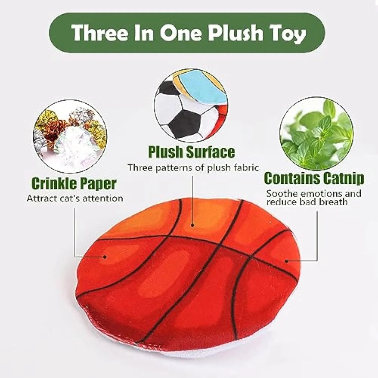 Plush catnip flying disc toy with basketball pattern featuring crinkle sound interior