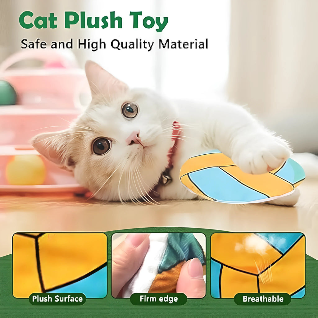Plush catnip flying disc toy with basketball pattern featuring crinkle sound interior