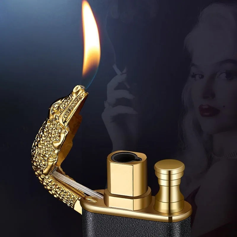 Double flame metal novelty lighter with dragon design showing blue jet fire.