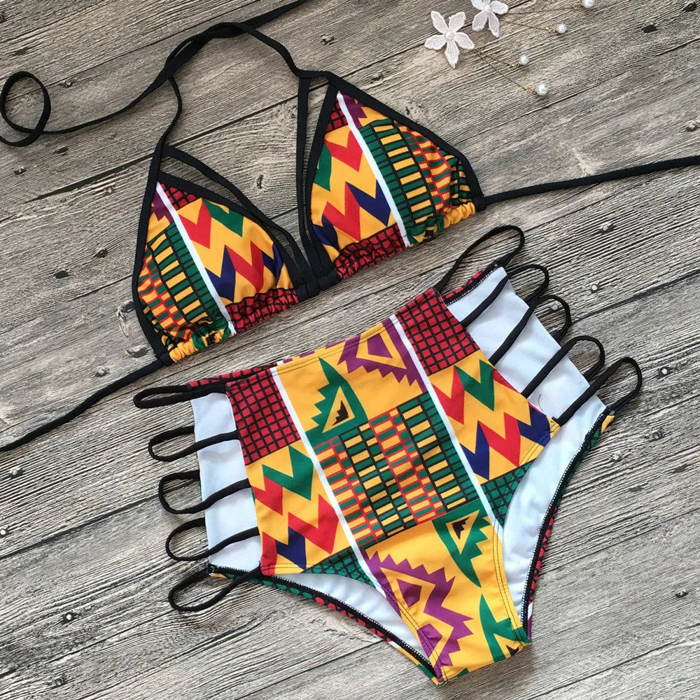 Women's high-waist bikini swimsuit with digital printing, showing top and quick-dry shorts.